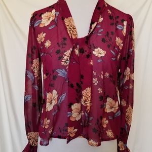 Forever 21 Purple Sheer Floral Blouse Ruffle Wrist Long Sleeve Size Medium